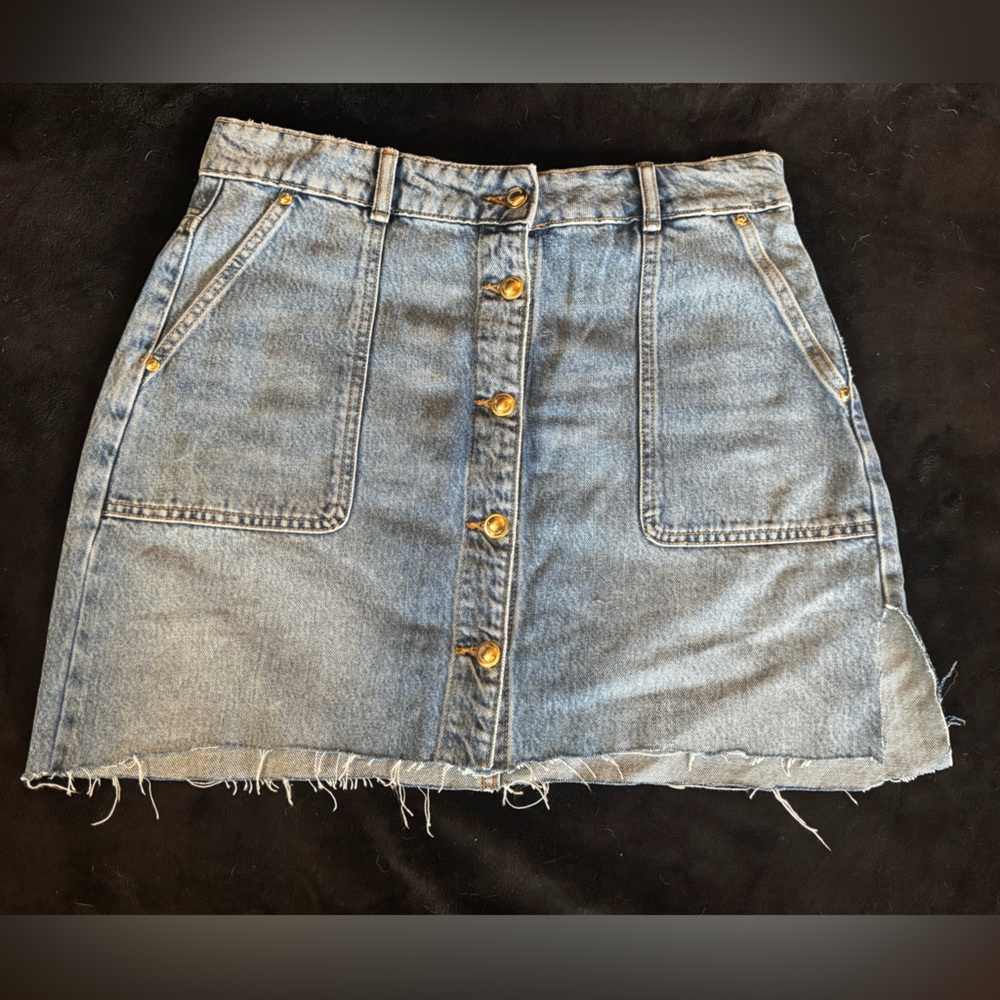 Michael Kors Denim Mini Skirt | Size 10 | Gold Buttons & Frayed Hem | Snug Fit